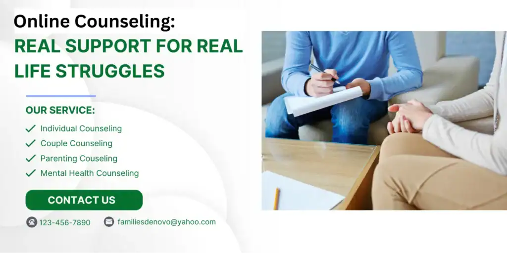 Online Counseling services banner highlighting individual counseling, couples therapy, parenting support, and mental health counseling, with contact and email information