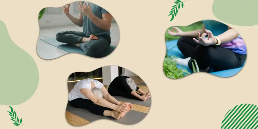 People practising calm seated yoga poses indoors and outdoors to support yoga and anger management, focusing on breathing, relaxation, and emotional balance.