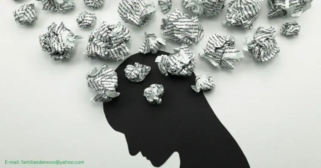 Conceptual illustration of mental health issues. Human head silhouette and crumpled paper balls around it to represent stress, anxiety, sadness and importance of mental well-being in general. 