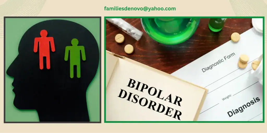 Illustration of a human head silhouette beside a bipolar disorder diagnosis form and medication, showing emotional imbalance, behavioral changes, and signs of bipolar disorder in teens linked to teen mental health struggles. 